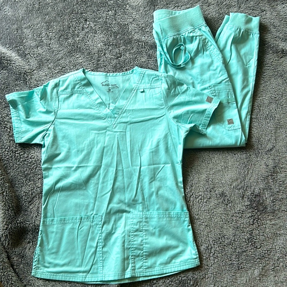 Butter-soft light teal scrub set